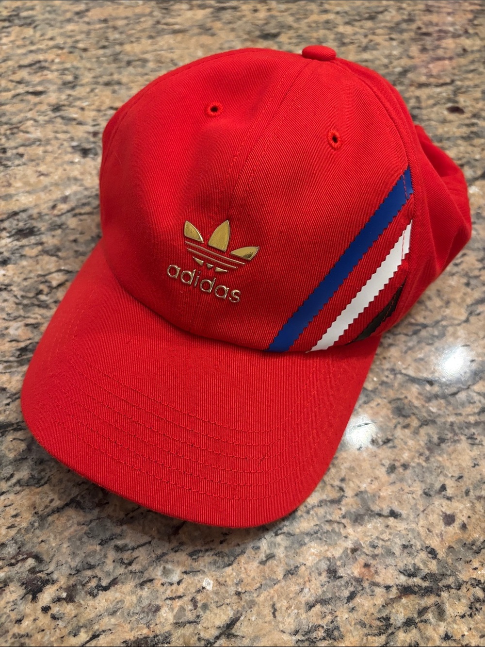 Adidas Originals Red Trefoil 3-Stripes Gold Logo Strapback Hat